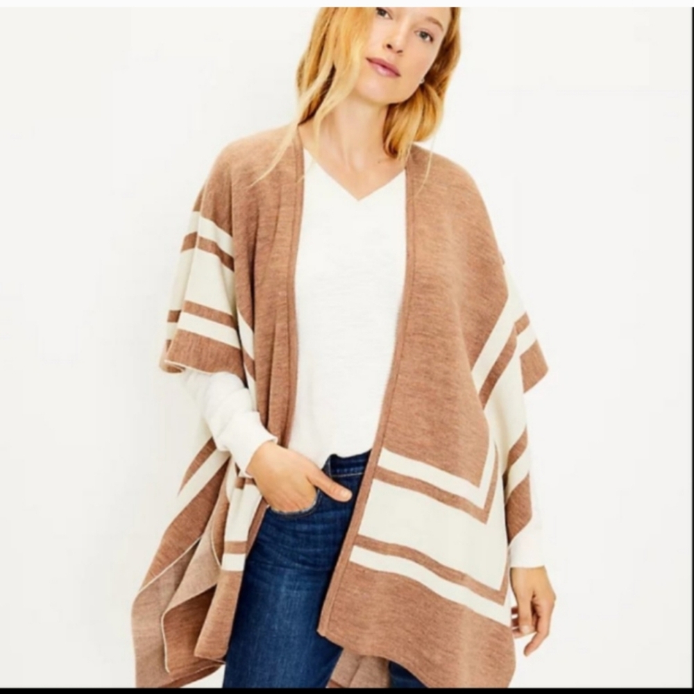 LOFT Border Stripe Poncho Wrap Shrug Tan & White Size M/L
